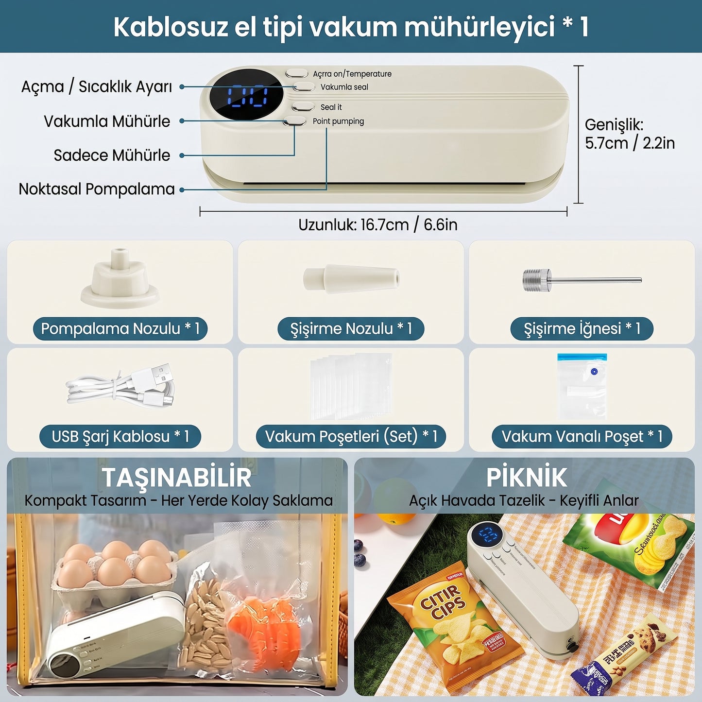 4’ü 1 Arada Çok Fonksiyonlu Atıştırmalık Poşet Kapatma ve Vakumlama Makinesi