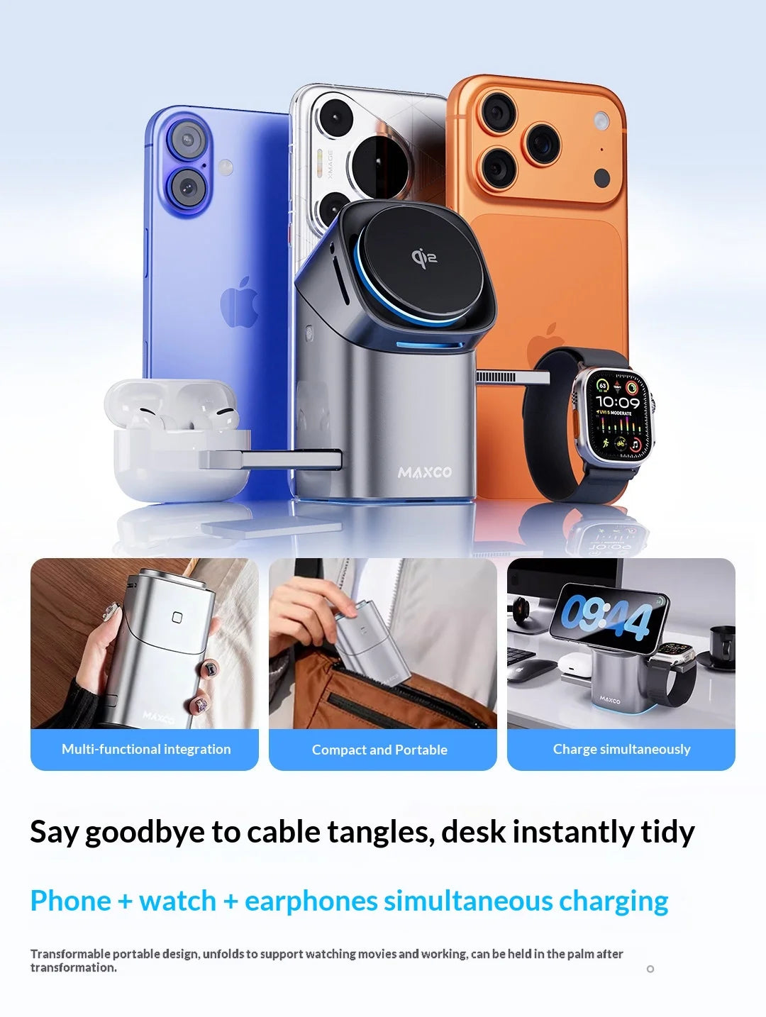 MAXCO Qi2 3-in-1 Magnetic Charging Stand