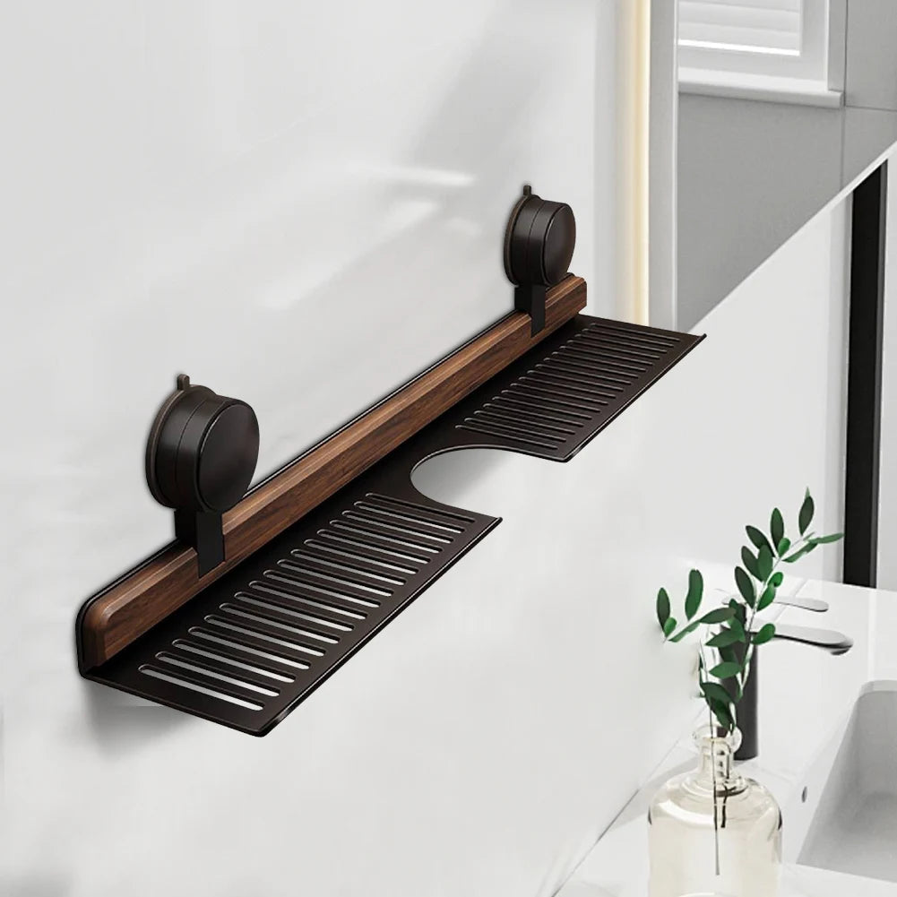Premium Walnut Faucet Shelf | No-Drill Suction Bathroom Organizer