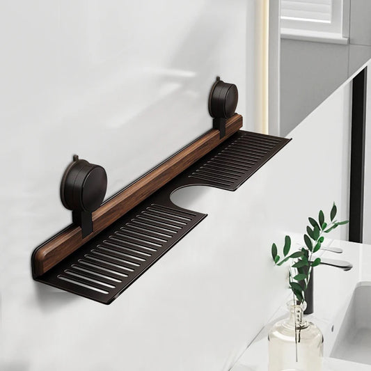 Premium Walnut Faucet Shelf | No-Drill Suction Bathroom Organizer