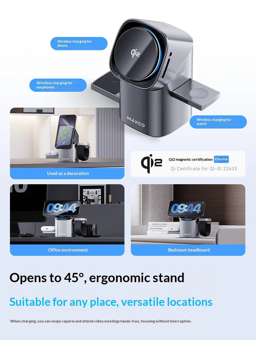 MAXCO Qi2 3-in-1 Magnetic Charging Stand