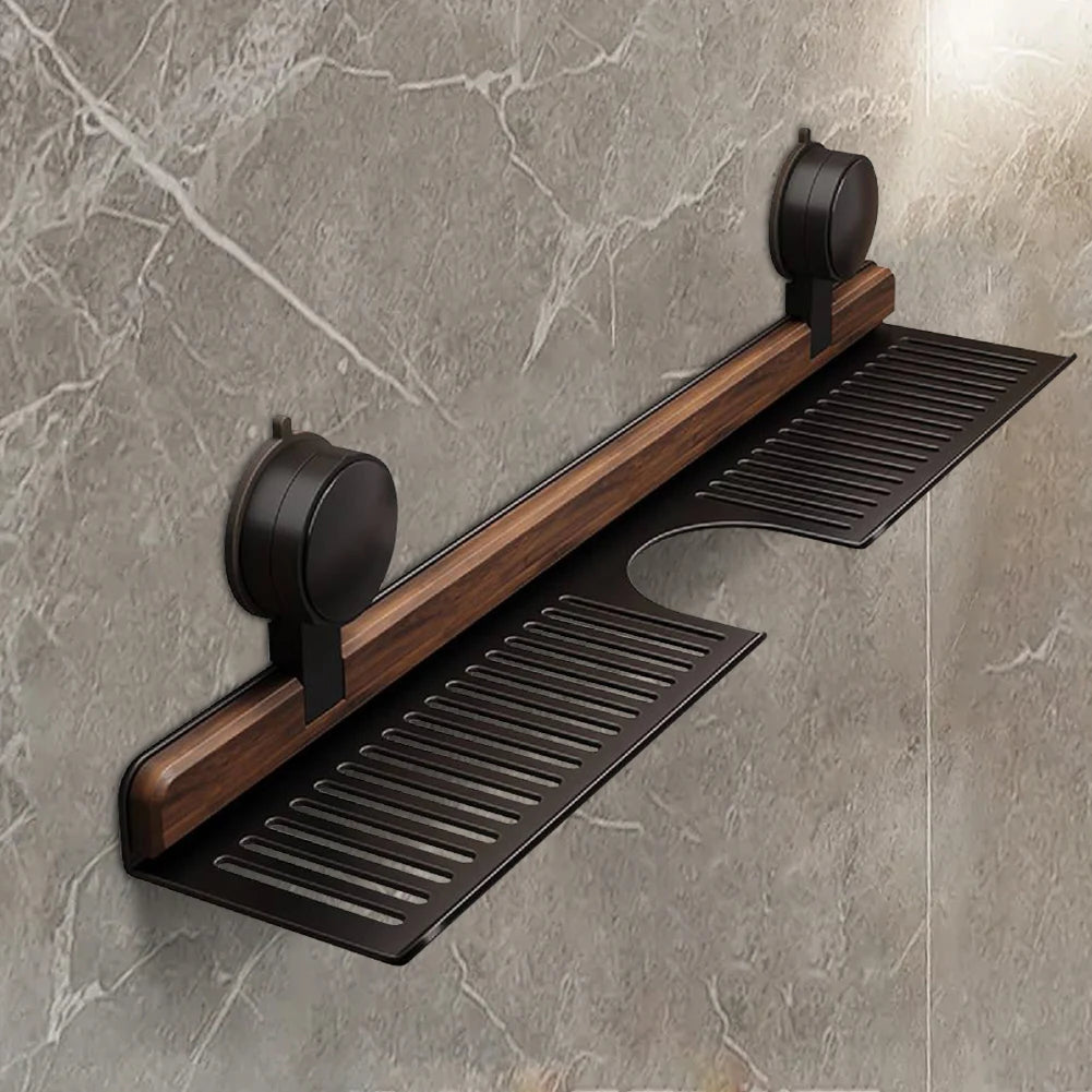 Premium Walnut Faucet Shelf | No-Drill Suction Bathroom Organizer