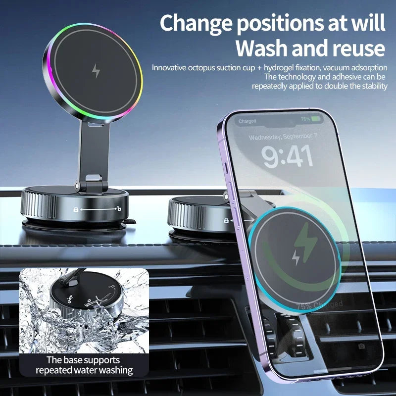 MagCharge Pro – Foldable Cooling Magnetic Car Mount with Fast Wireless Charging